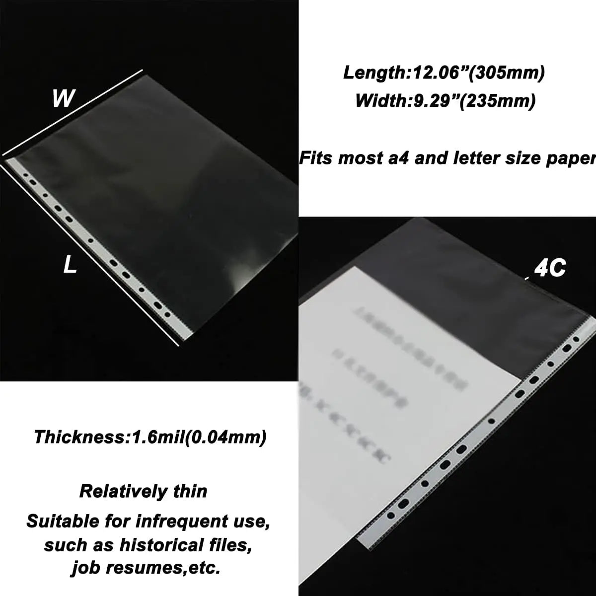50/100pcs 11 Hole A4 File Pockets Ring Binder File Folder Jackets File Bag for Hole Ring Binder Folder (4C Thickness)