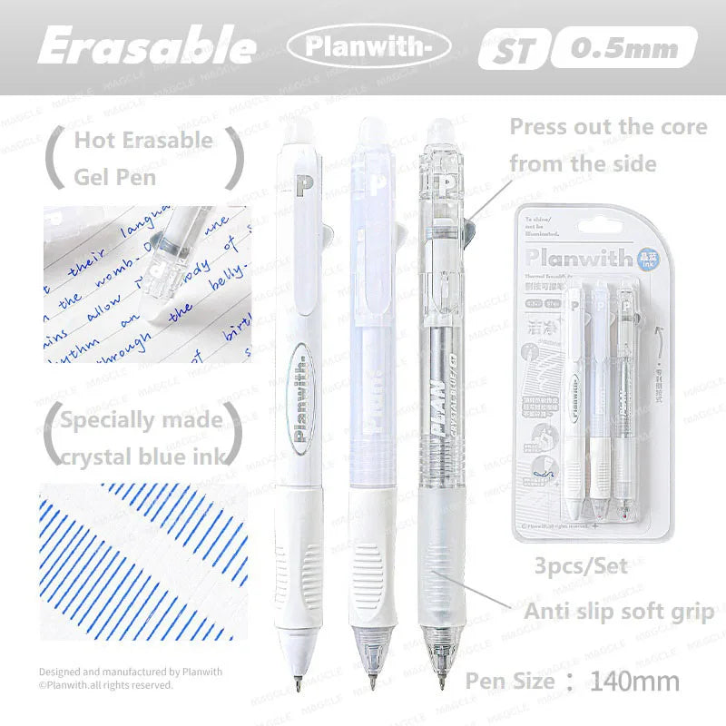 Planwith 3PCS/set Erasable Gel Pen Stationery Student School Acsesories Pen 0.5mm Crystal Blue Ink Side Press Writing Supplies