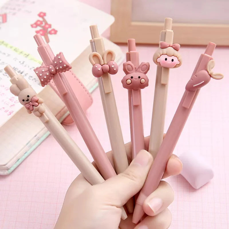 5Pcs/set Cute Sweet Pink Girl and Rabbit Gel Pen Cartoon Press Pen 0.5mm Black Ink School Supplies Stationery Kawaii Funny Pens