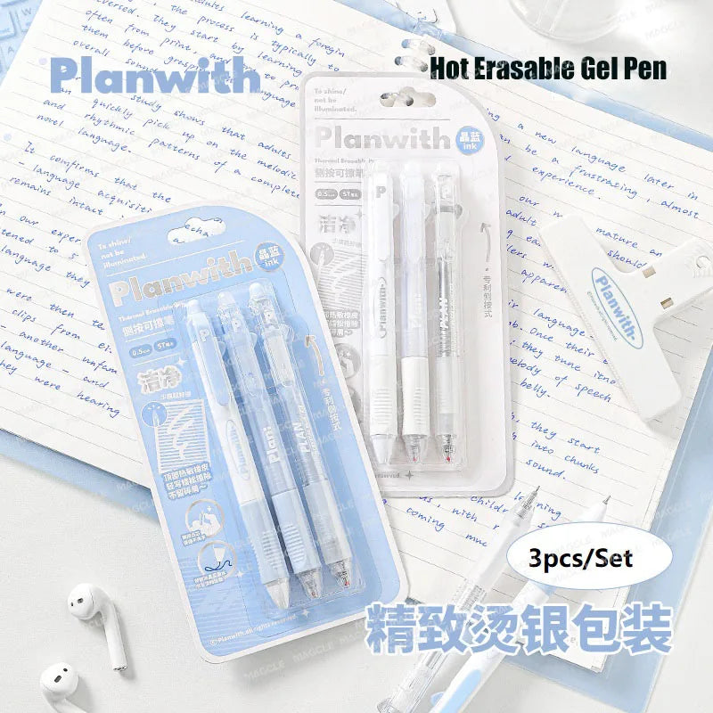 Planwith 3PCS/set Erasable Gel Pen Stationery Student School Acsesories Pen 0.5mm Crystal Blue Ink Side Press Writing Supplies