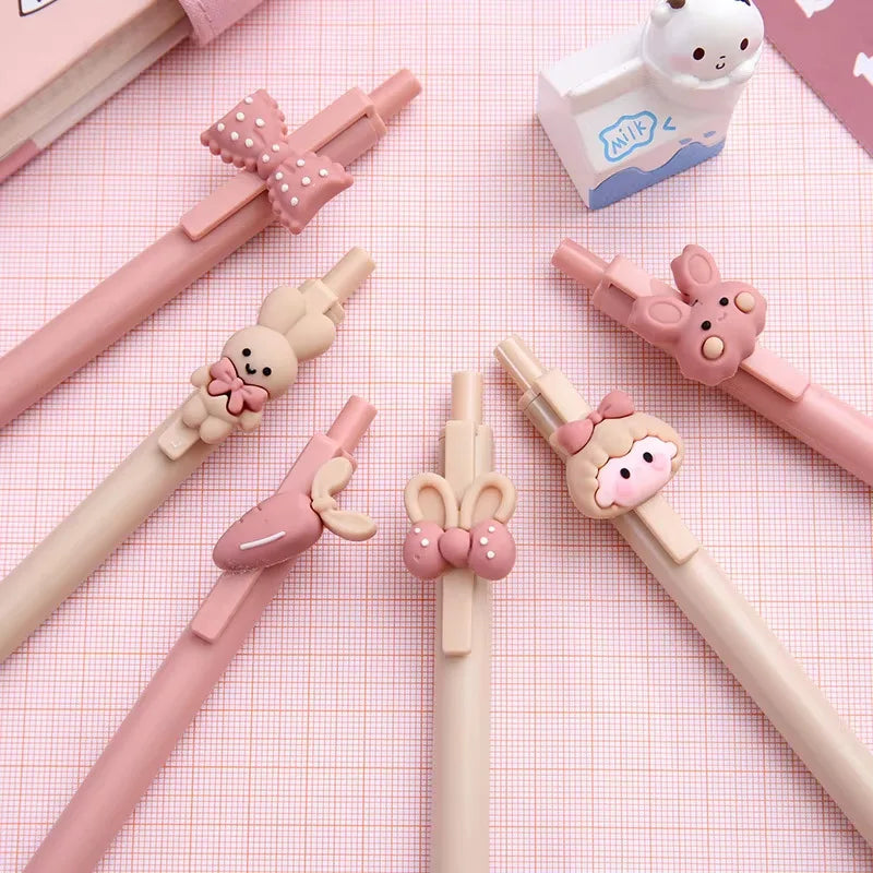 5Pcs/set Cute Sweet Pink Girl and Rabbit Gel Pen Cartoon Press Pen 0.5mm Black Ink School Supplies Stationery Kawaii Funny Pens