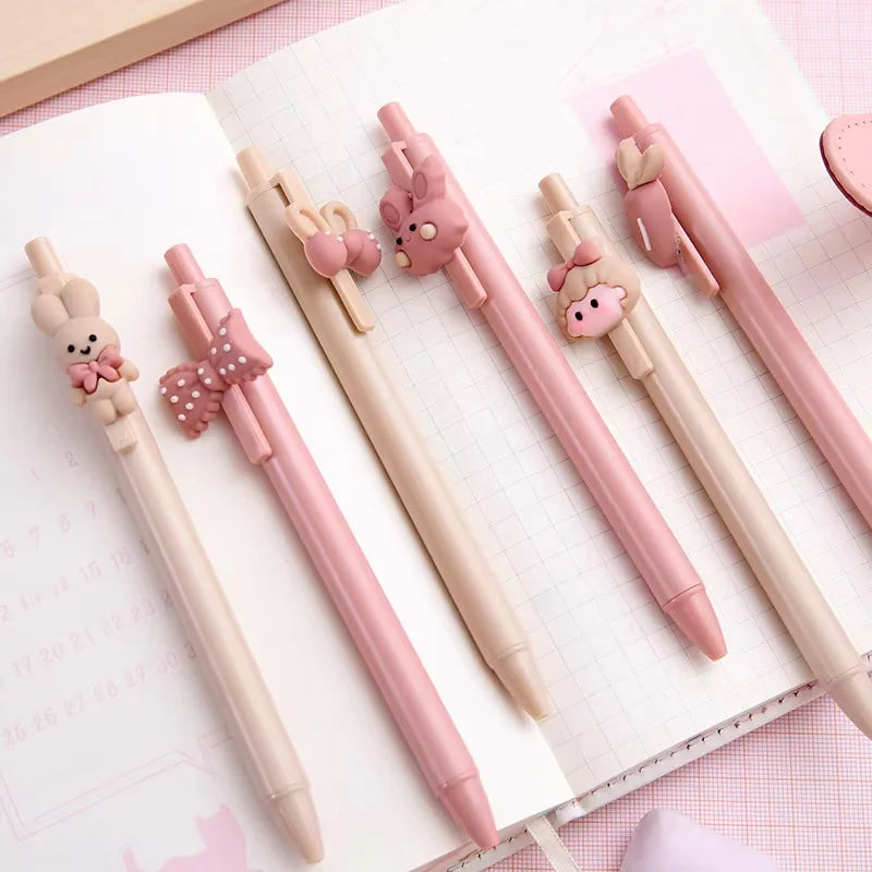 5Pcs/set Cute Sweet Pink Girl and Rabbit Gel Pen Cartoon Press Pen 0.5mm Black Ink School Supplies Stationery Kawaii Funny Pens
