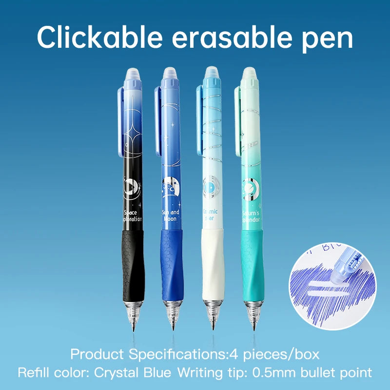 4-pack Thermal Erasable Pens, Cosmic Star Blue Design, Smooth Click Pens, Stylish Student Stationery for Office Writting, Gift