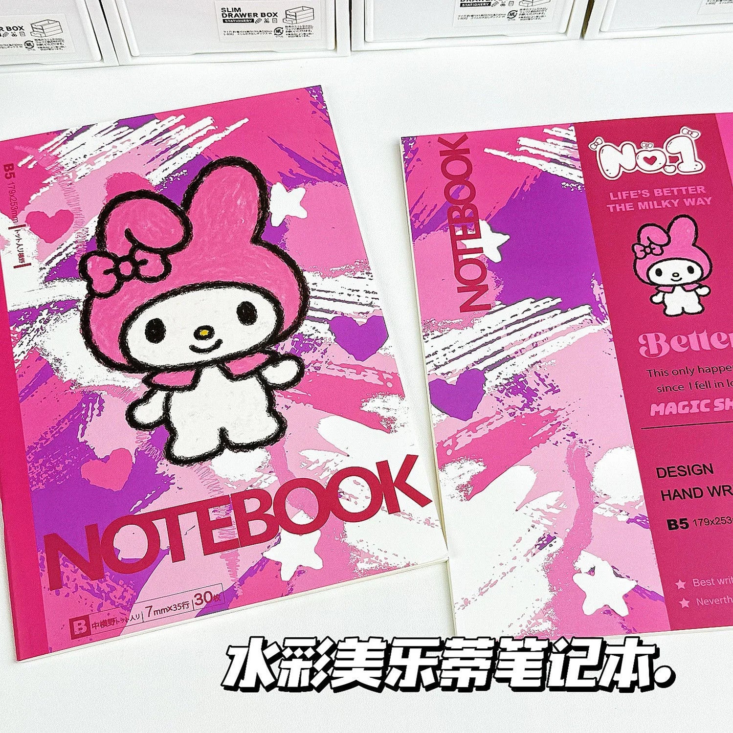 Watercolor Sanrio Notebook Children's Birthday  Gift Cartoon Anime Learning Book Drawing Booklet B5 Horizontal Notebook Class
