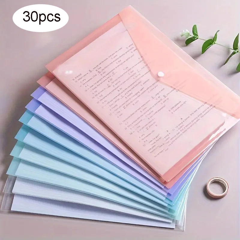 10/30pcs Transparent and Colorful File Envelopes Plastic Folders Office School Home A4 Letter Organizing Papers Storage Tool